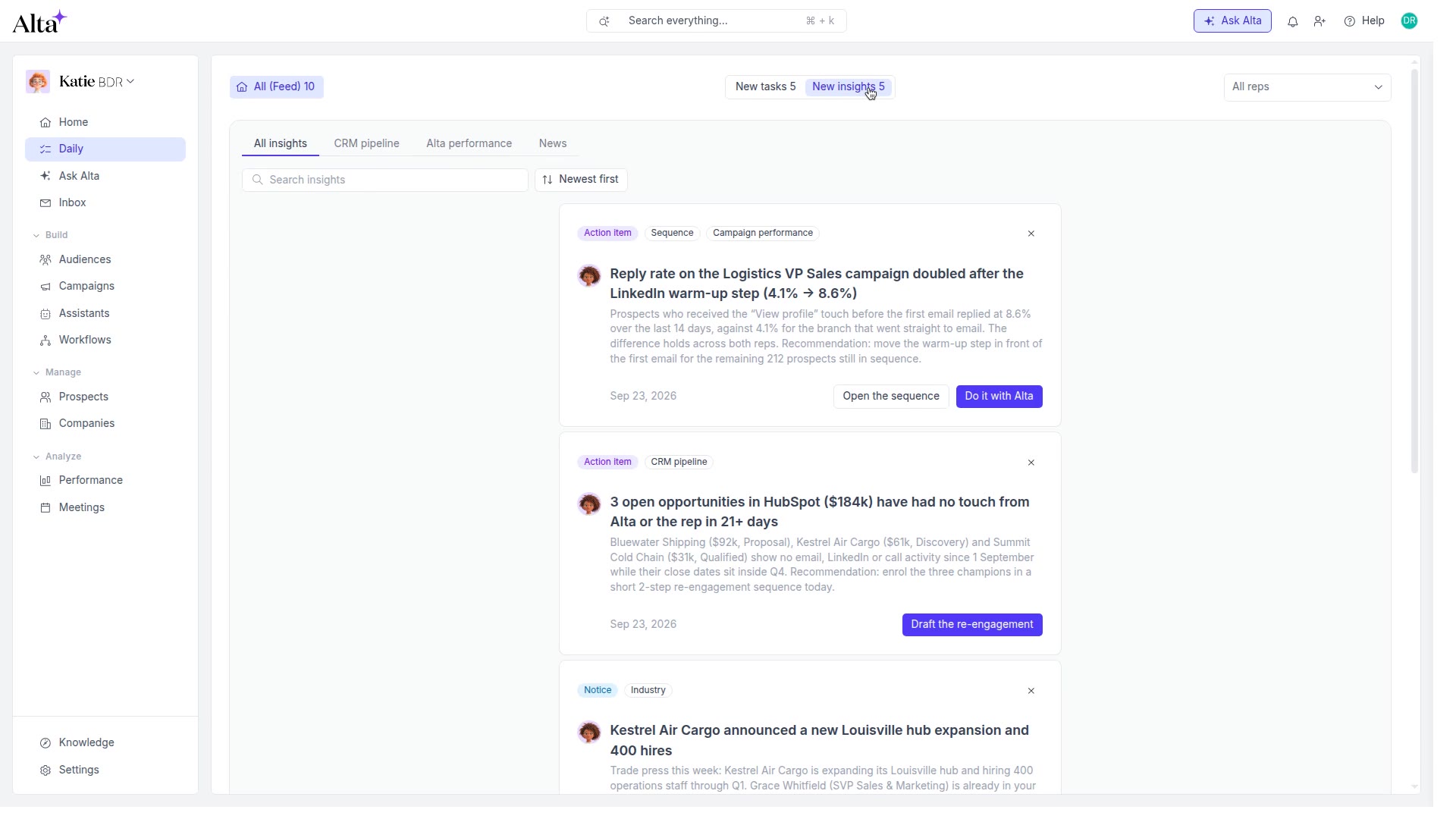 Alta Tasks page: the tasks feed on the left and the Insights feed Ask Alta wrote overnight on the right